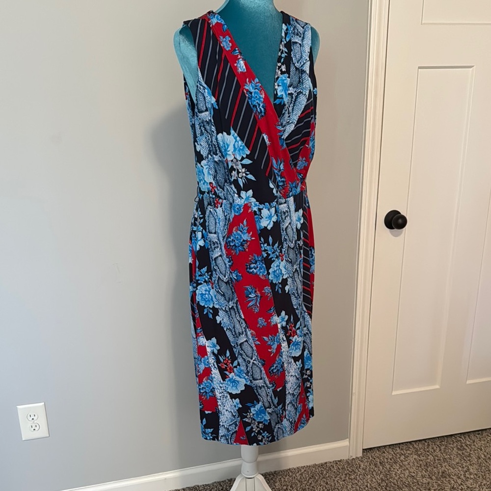 INC International Concepts Red, Blue, and Black Floral Wrap Midi Dress